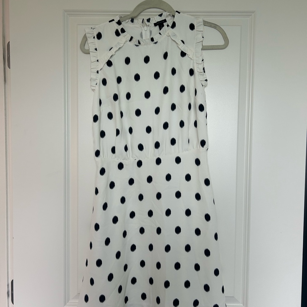 Ann Taylor White Dress with Black Brushstroke Polka Dots